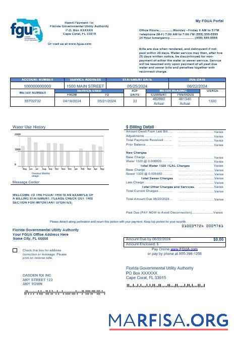 Printable USA Florida FGUA business utility bill template in Word and PDF formats